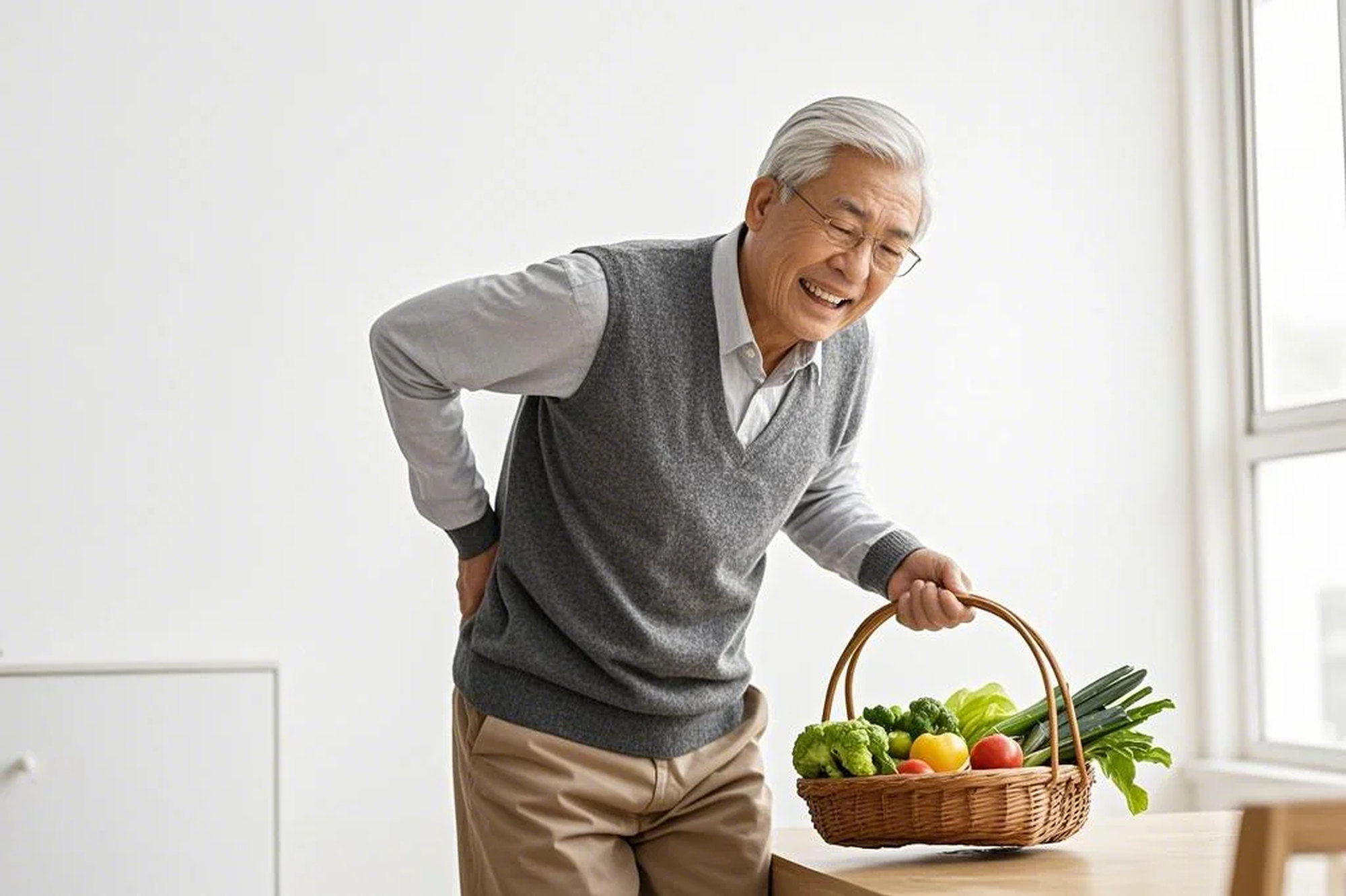 老年男提菜篮时手部和腰部疼痛关节疼痛症状医疗摄影图(商业使用).jpg