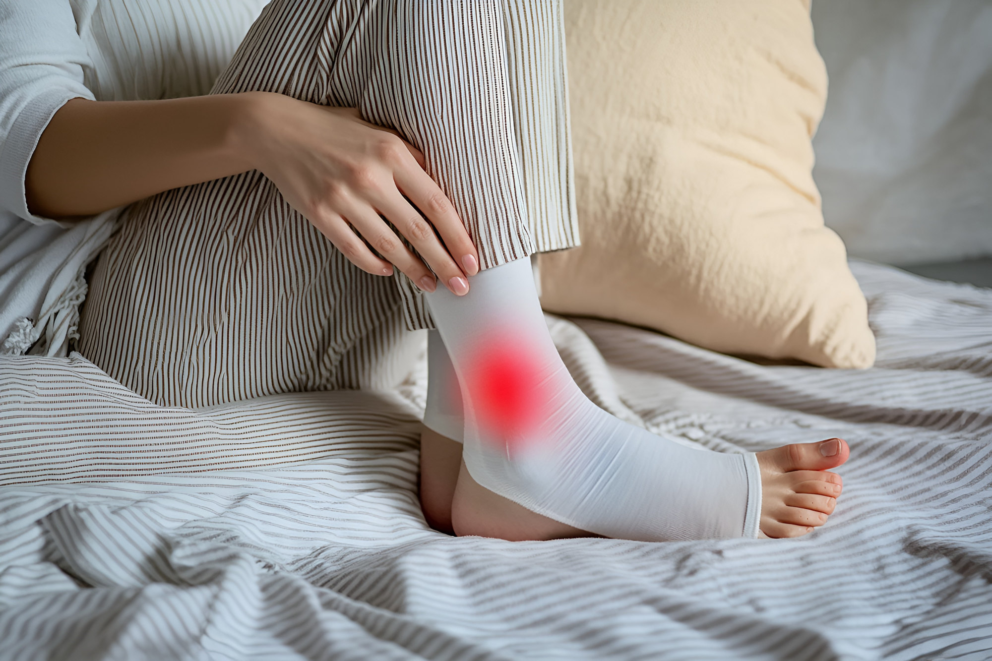 成年女性受伤脚踝包扎床上休息写实人像照片（商业使用）.jpg