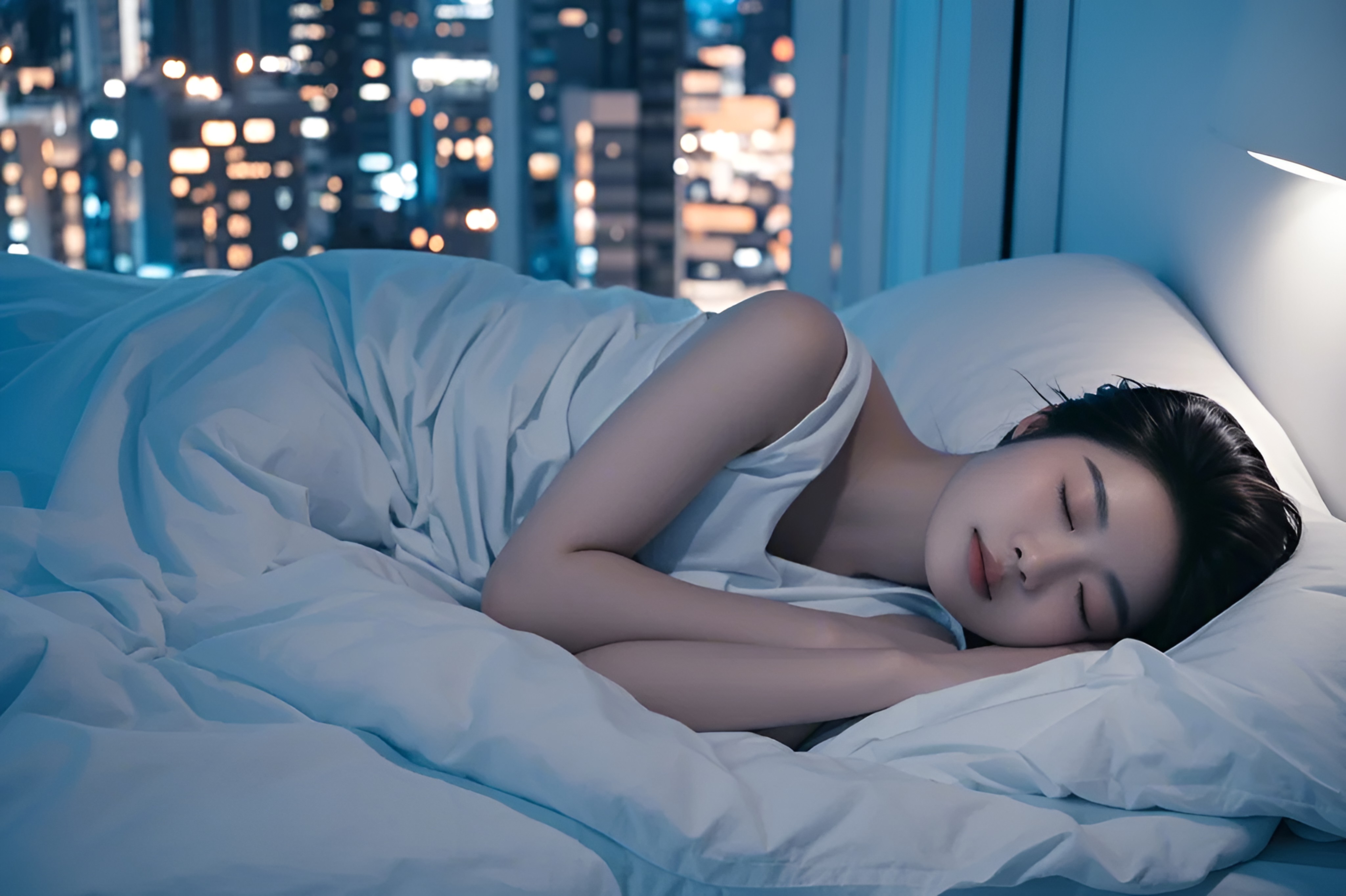 睡觉简约现代风成年女性侧卧闭眼白色睡衣浅蓝色床单白色床头人像照片(商业使用).png