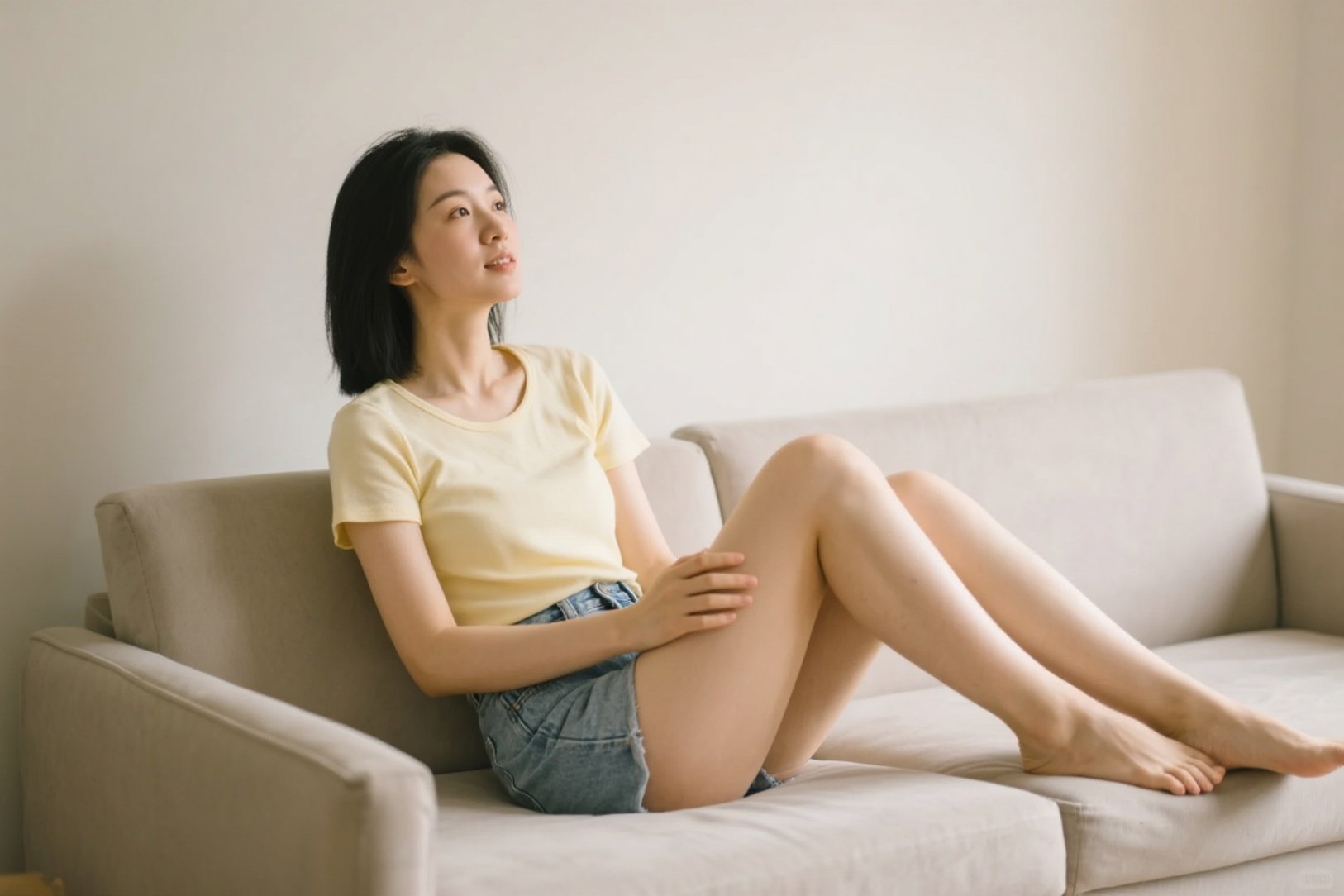 吹风扇人像简约风格成年女性微笑坐沙发浅黄T恤牛仔短裤人像照片(商业使用).png