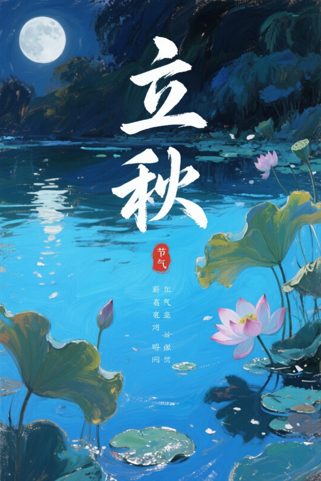 节气主题油画风格海报水彩风立秋节气荷塘月夜插画素材（商业使用）.jpg