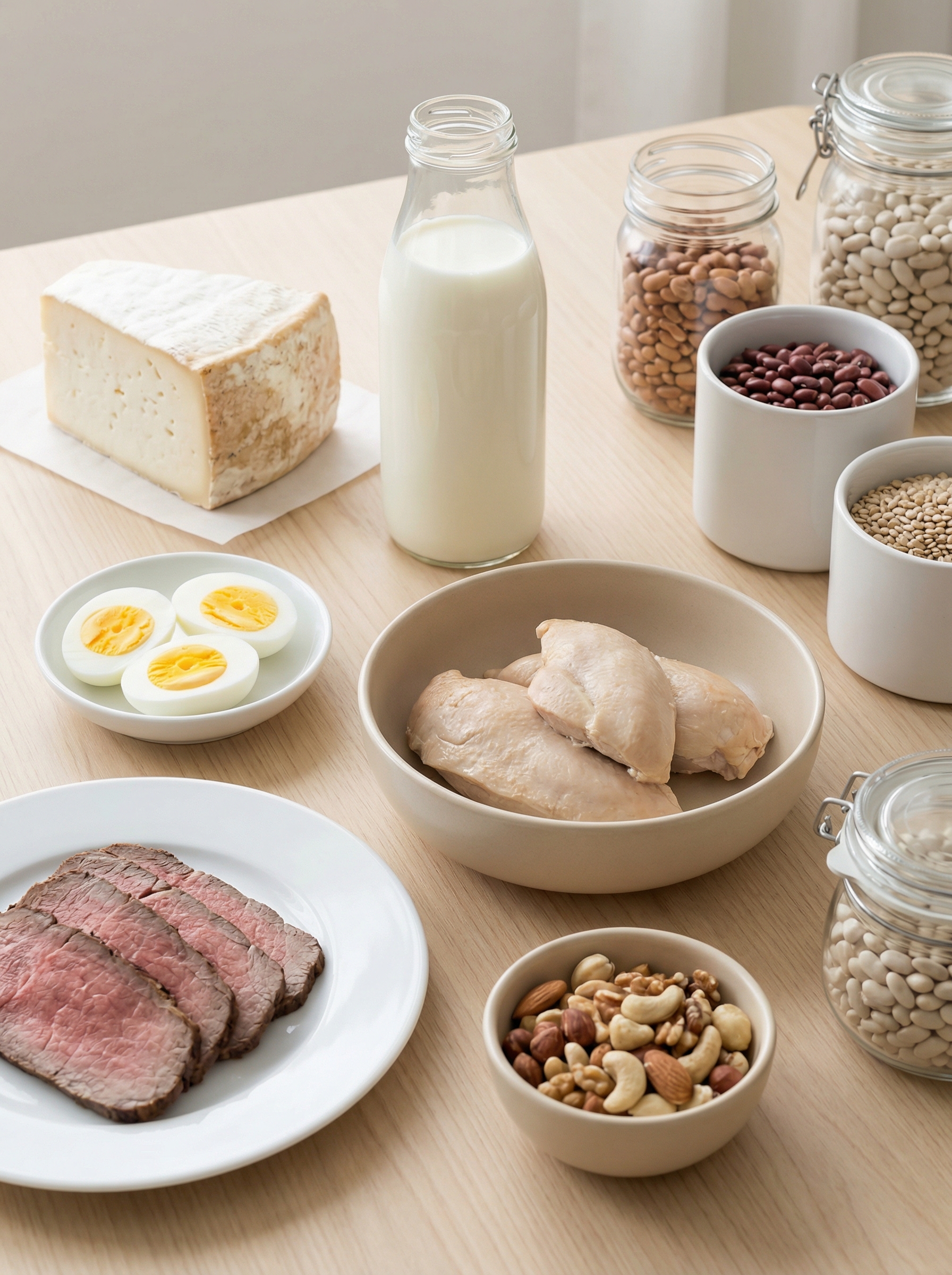 简约风格健康食材摆拍美食食材餐桌牛奶肉类商业照片（商业使用）.jpg